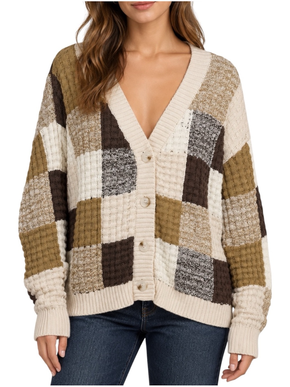 Miss Love Women’s Medium Oversized Patchwork Knit Button Cardigan Brown Cream